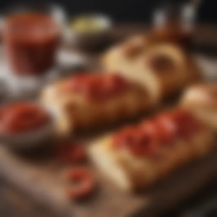 Pepperoni bread served with dipping sauces