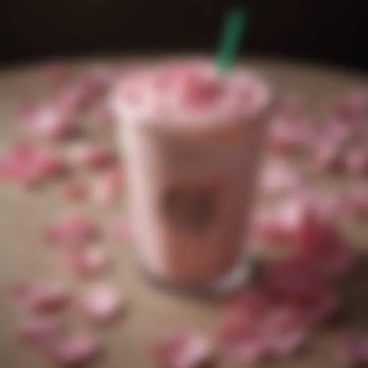 Iced pink rose milk latte adorned with delicate rose petals