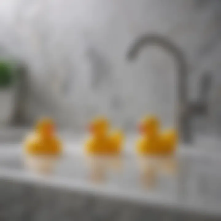 Rubber duckies arranged on a marble bathtub ledge