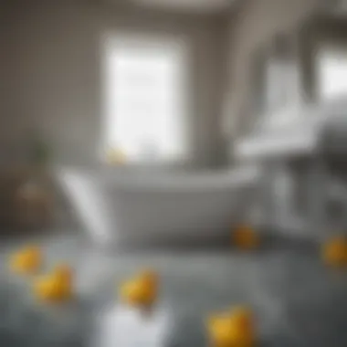 Rubber duckies floating in a modern freestanding tub