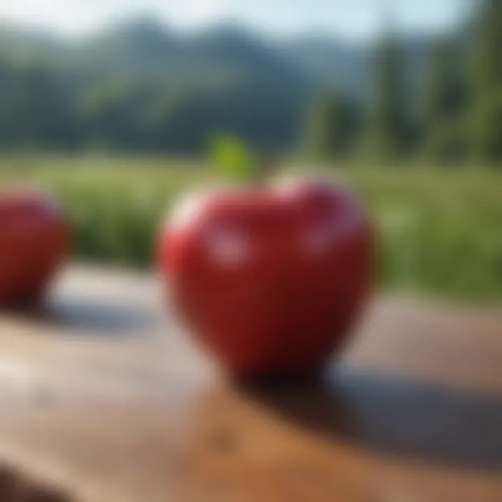 A serene landscape with a heart-shaped apple resting on a wooden surface