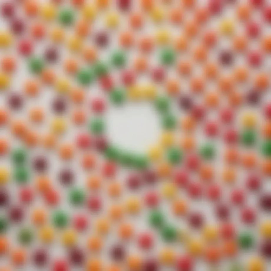 Colorful Skittles in a mesmerizing pattern on a white background