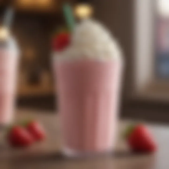 Creamy pink strawberry frappuccino topped with whipped cream