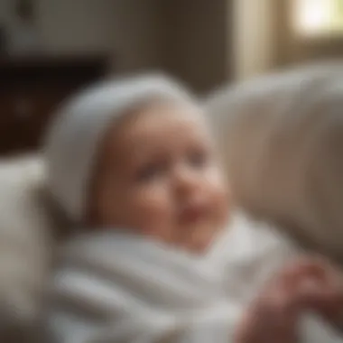 An expert demonstrating a swaddling technique with a baby doll in a peaceful setting.