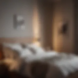 A serene bedroom setting with soft lighting and cozy bedding