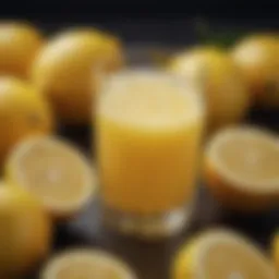 A glass of fresh lemon juice surrounded by whole lemons