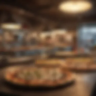 A bustling pizzeria, showcasing a variety of pizzas including the least expensive option