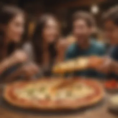 A diverse group of individuals enjoying slices of cheese pizza at a social gathering