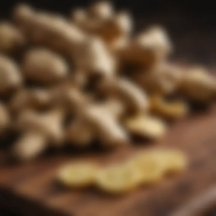 Ginger root on a rustic wooden cutting board