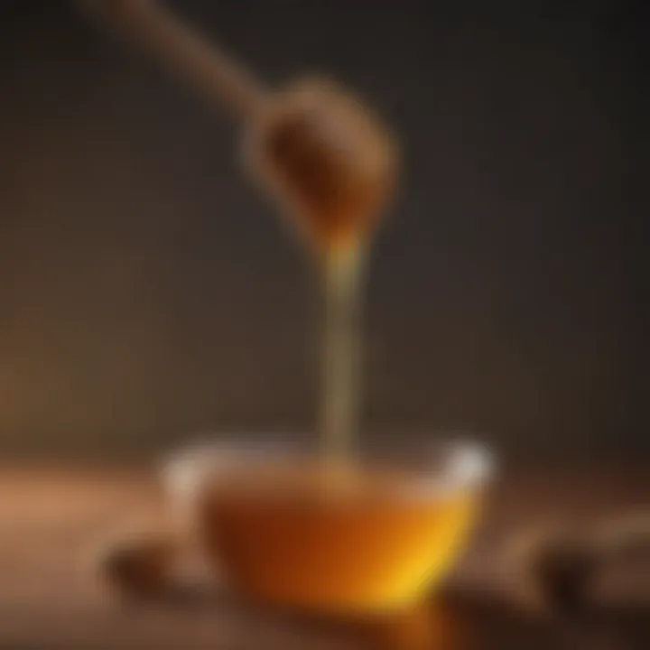 Honey dripping from a wooden dipper