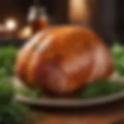 A beautifully glazed honey baked ham garnished with fresh herbs