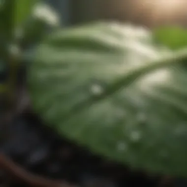 Close-up of water droplets on a leaf under sunlight