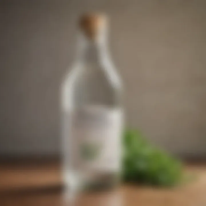 White vinegar in a glass bottle with fresh herbs