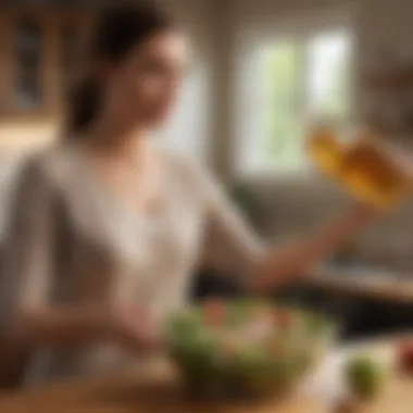 Elegant Woman Enhancing Salad with Apple Cider Vinegar Woman pouring apple cider vinegar into a salad bowl