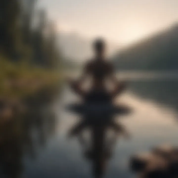 Silhouette of a person practicing yoga by the serene lake